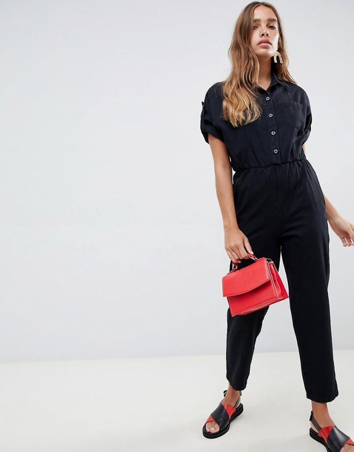 Asos Design Denim Jumpsuit With Wide Leg In Washed Black - Black
