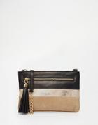 Urbancode Leather Zip Top Clutch Bag In Metallic Panel With Front Tassel Zip