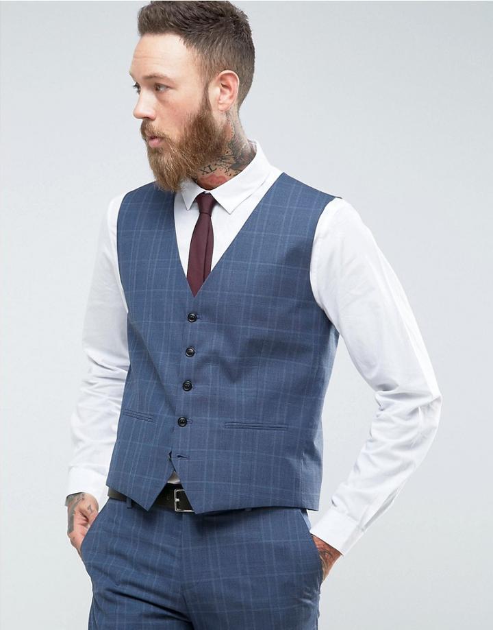Selected Homme Skinny Wedding Vest In Blue Check - Blue