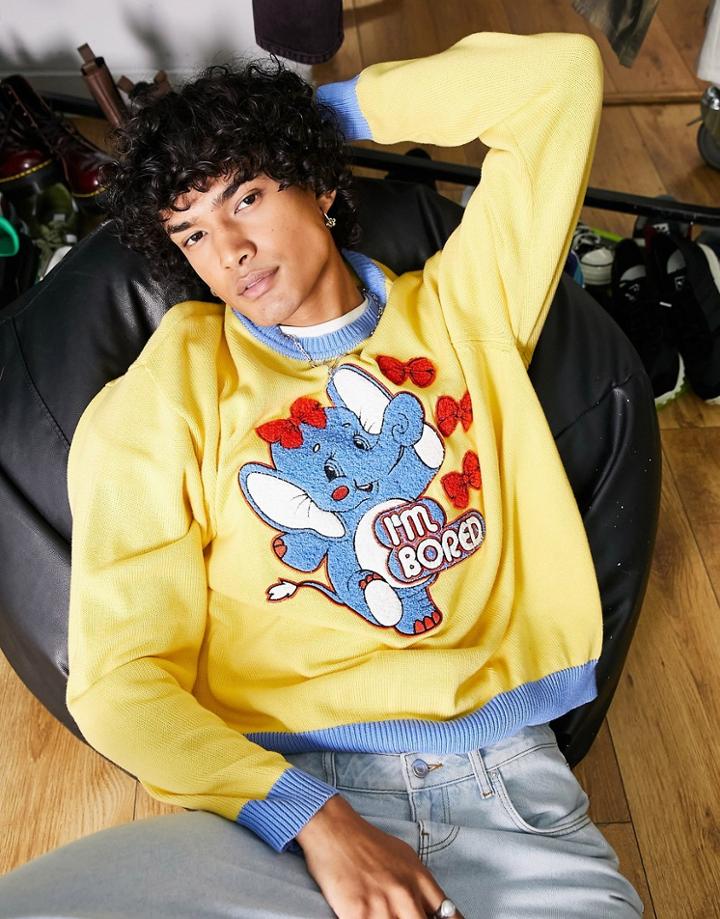 Asos Design Knitted Sweater With Elephant Applique Design-yellow