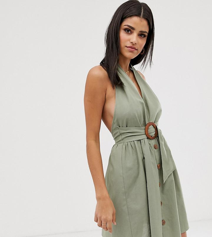 Asos Design Tall Halter Neck Mini Button Through Linen Sundress With Buckle - Green