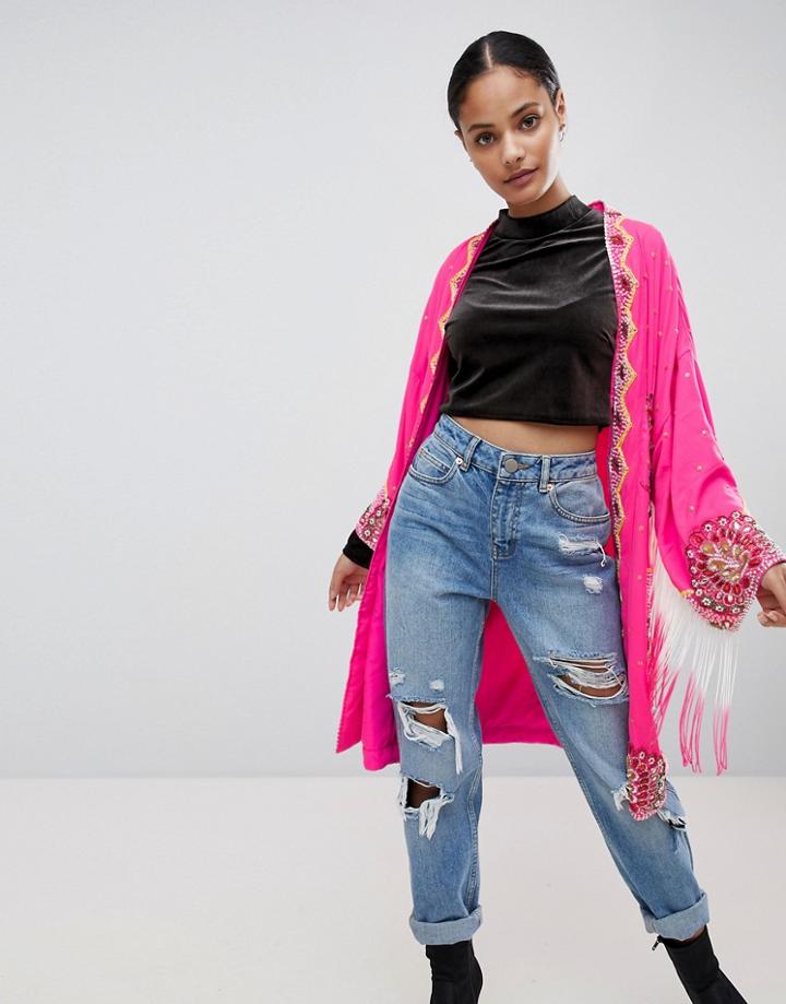 Asos Kimono With Dragon Embellishment - Multi