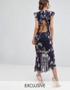Hope & Ivy Embroidered Midi Dress With Peplum Hem - Navy