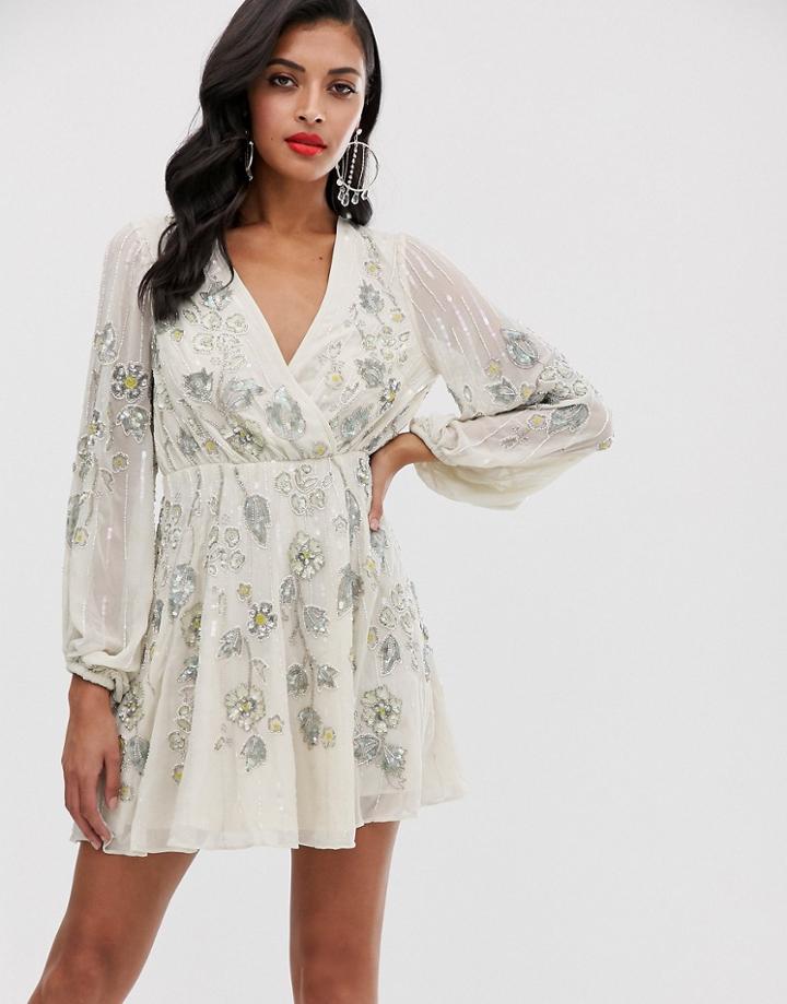 Asos Design Wrap Mini Dress With Skater Skirt In Leaf And Floral Embellishment - Multi