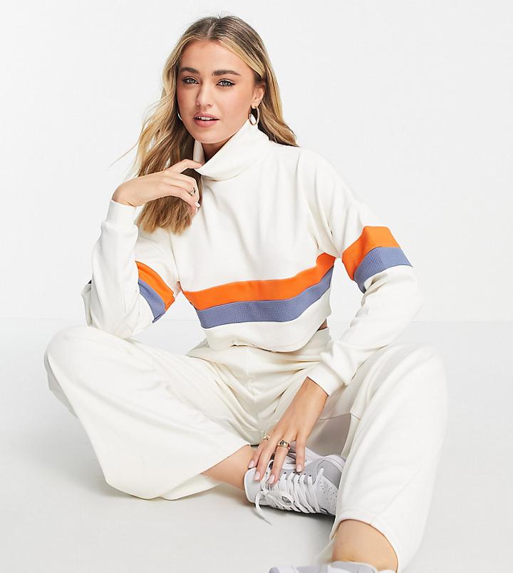 South Beach Ribbed High Neck Sweatshirt In Off-white With Stripe Detail-multi