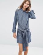 Asos Denim Tie Front Shirt Dress With Button Back - Blue