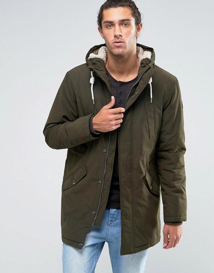 Esprit Fish Tail Parka With Teddy Hood Lining In Khaki - Black