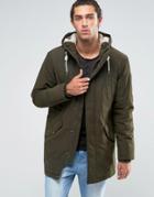 Esprit Fish Tail Parka With Teddy Hood Lining In Khaki - Black