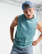 Asos Design Relaxed Tank In Blue Organic Cotton With Contrast Tipping-blues