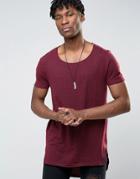 Asos Super Longline T-shirt With Raw Mismatched Hem And Scoop Neck In Red - Red
