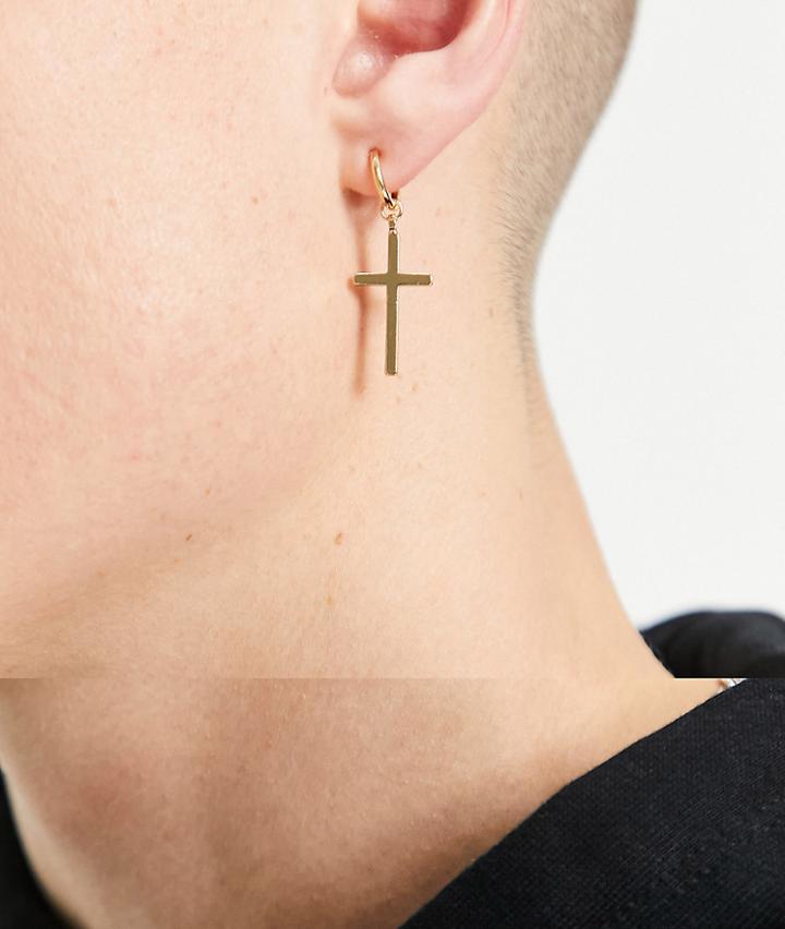 Asos Design Faux Hoop Earrings With Cross In Gold Tone