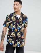 Asos Design Regular Fit Cocktail Print Shirt With Revere Collar-black