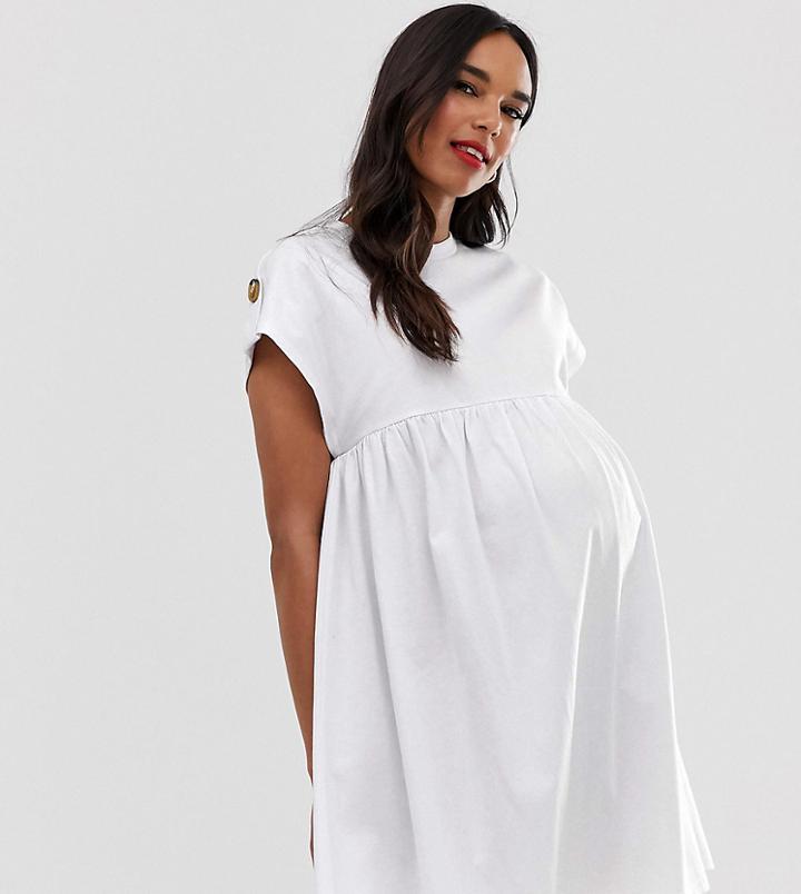 Asos Design Maternity Button Sleeve Mini Smock Dress-white
