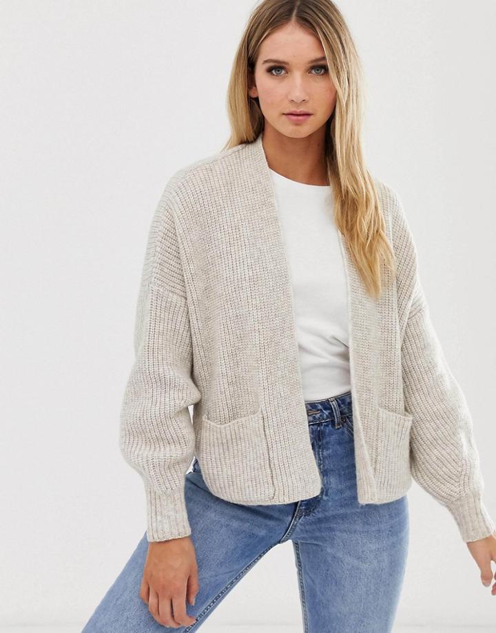 Asos Design Short Boxy Edge To Edge Cardigan With Pockets-beige