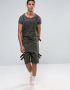 Asos Drop Crotch Short Dungarees With Taping In Dark Khaki - Green