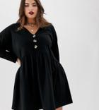 Asos Design Curve Faux Horn Button V Neck Mini Smock Dress - Black