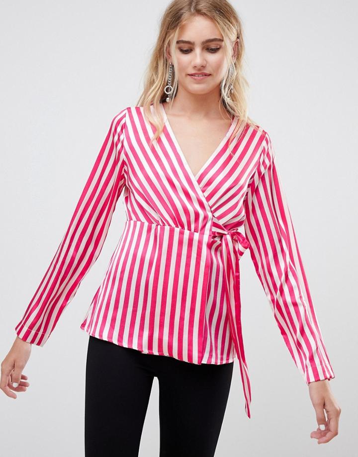 Pieces Disha Stripe Wrap Blouse - Pink