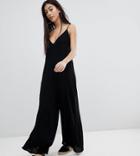 Asos Design Petite Deep V Strap Back Jumpsuit-black