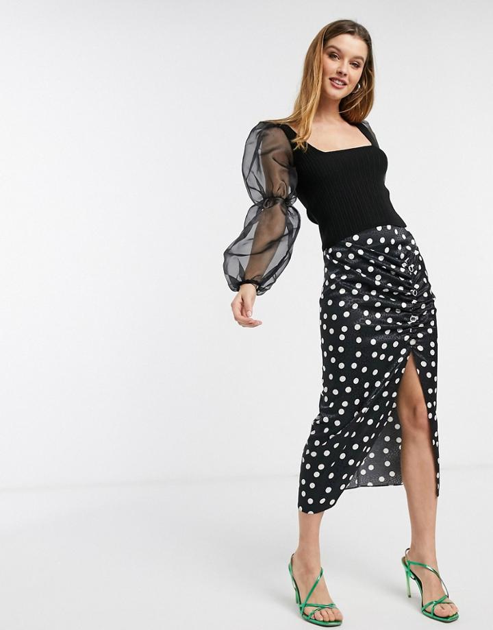 River Island Ruched Side Polka Dot Midi Skirt In Mono-black
