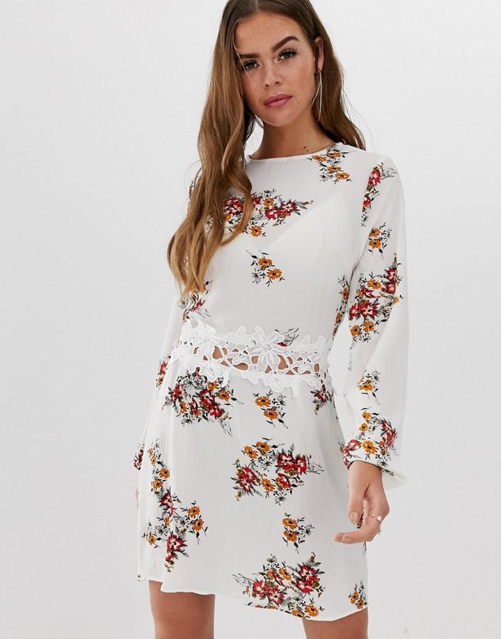 Ax Paris Floral Long Sleeve Mini Dress - Cream