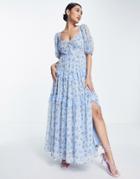Asos Design Open Back Lace Insert Midi Tea Dress In Blue Ditsy Floral-multi