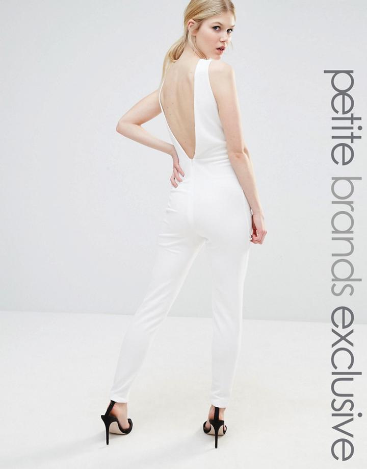 John Zack Petite Plunge Mesh Insert Low Back Jumpsuit - White