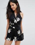 Love Palm Print Romper With Pleated Detail - Black