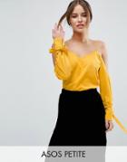 Asos Petite Cold Shoulder Top With Cuff And Tie - Yellow