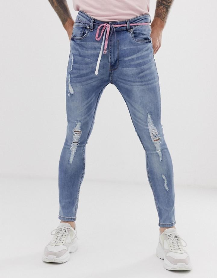 Night Addict Ripped Skinny Jeans With Waist Rope-blue