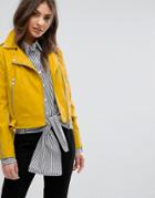 Mango Leather Look Biker Jacket - Yellow
