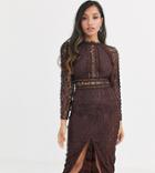 Asos Design Petite Long Sleeve Pencil Dress In Lace With Geo Lace Trims-brown