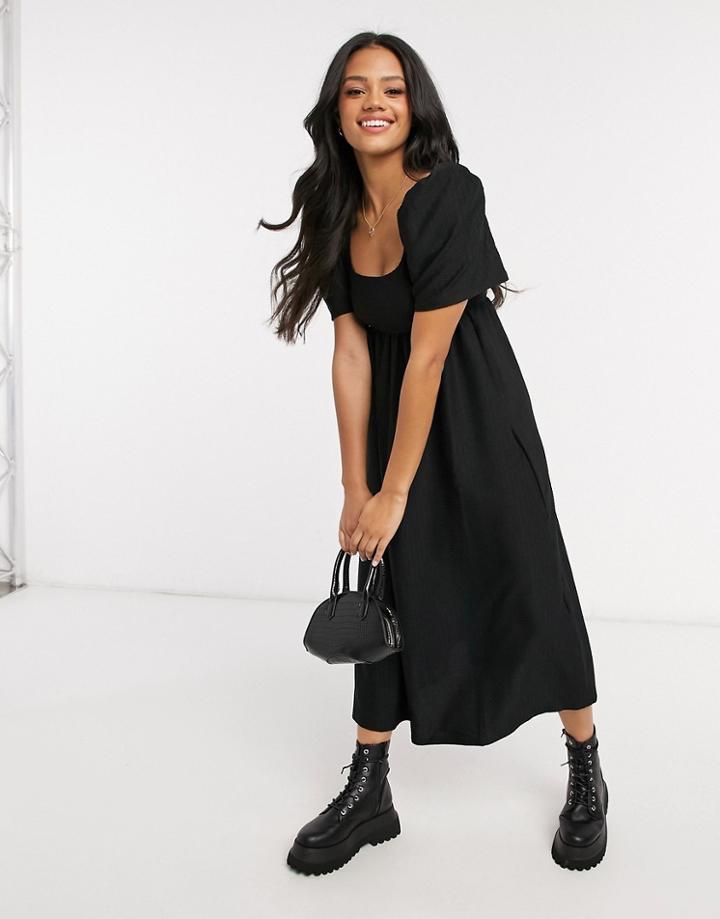 Asos Design Textured Midi Scoop Neck Smock Dress In Black