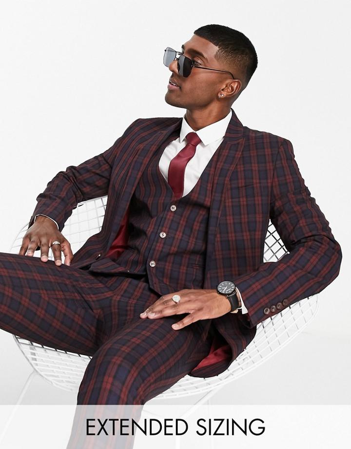 Asos Design Wedding Super Skinny Suit Jacket In Burgundy Plaid-red