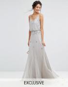 Amelia Rose Embellished Overlay Maxi Dress With Mesh Insert Skirt - Gray