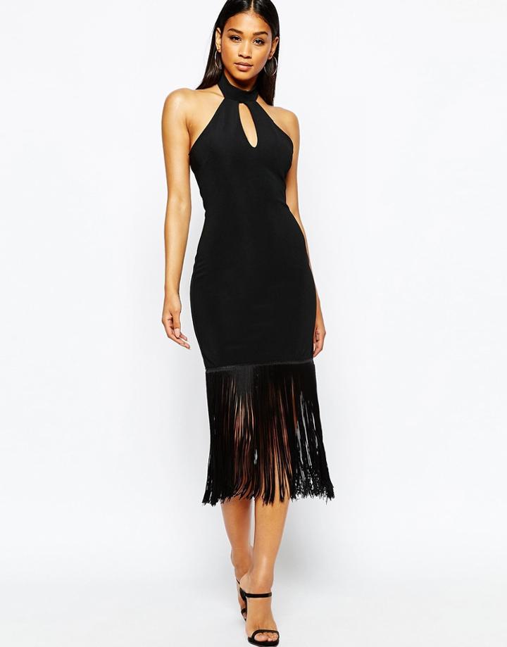 Michelle Keegan Loves Lipsy Halterneck Body-conscious Dress With Fringe Hem - Black