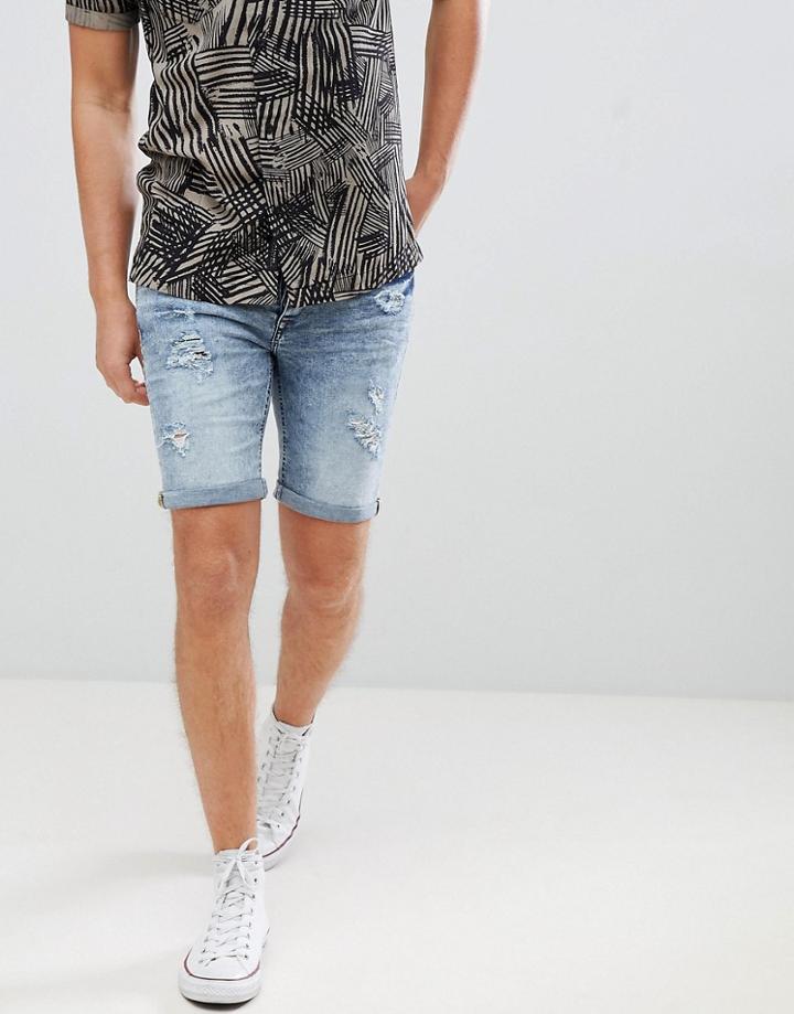 Blend Skinny Denim Shorts With Distressing - Blue