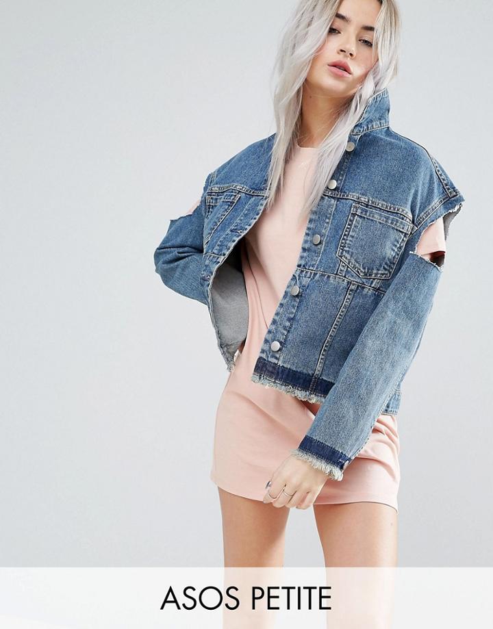 Asos Petite Denim Deconstructed Jacket With Cold Shoulder - Blue