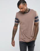 Asos Relaxed T-shirt With Contrast Stripe Sleeve In Brown - Multi