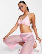 Asos Design Open Knit Halter Beach Crop Top In Pink - Part Of A Set