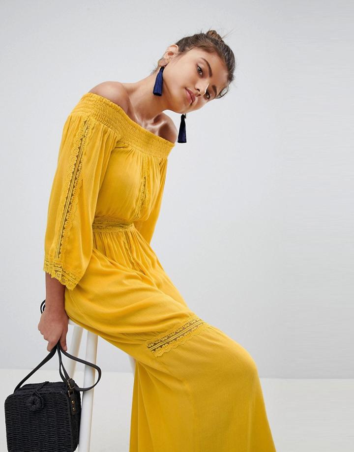 Boohoo Lace Insert Bardot Maxi Dress - Yellow