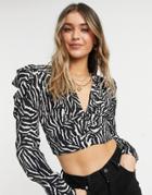 Topshop Puff Sleeve Crop Top In Zebra Print-black