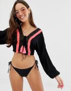Asos Design Beach Top With Lace Up Front & Neon Fringing - Black
