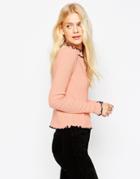 Asos Jumper In Rib With Ruffle Neck With Tipping - Blush