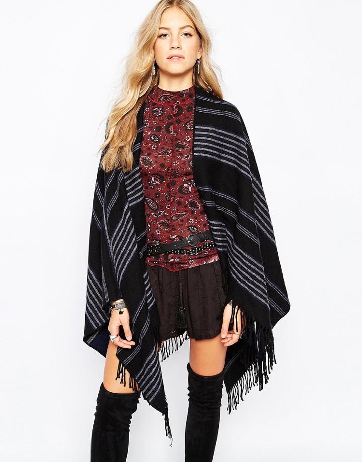 Kiboots Stripe Reversible Oversized Wool Wrap Poncho - Navy