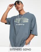 Asos Design Oversized V-neck T-shirt In Navy With New York City Front Print