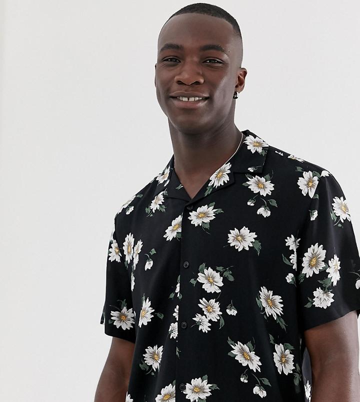 Asos Design Tall Regular Fit Floral Shirt With Revere Collar - Black