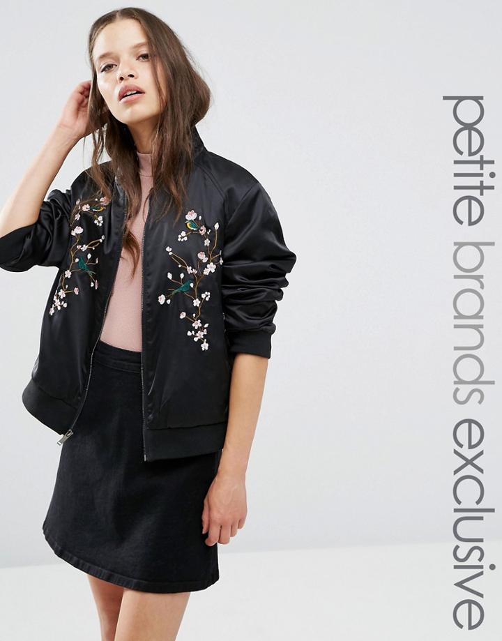 Fashion Union Petite Slinky Floral Embroidered Bomber Jacket - Black
