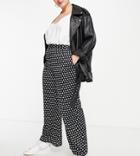 Simply Be Satin Wide Leg Pants In Black And White Polka Dot-multi