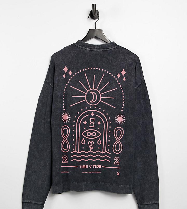 Collusion Oversized Long Sleeve T-shirt With Print In Acid Wash Pique Fabric-grey