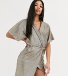 Flounce London Wrap Front Tux Dress In Gold Sparkle